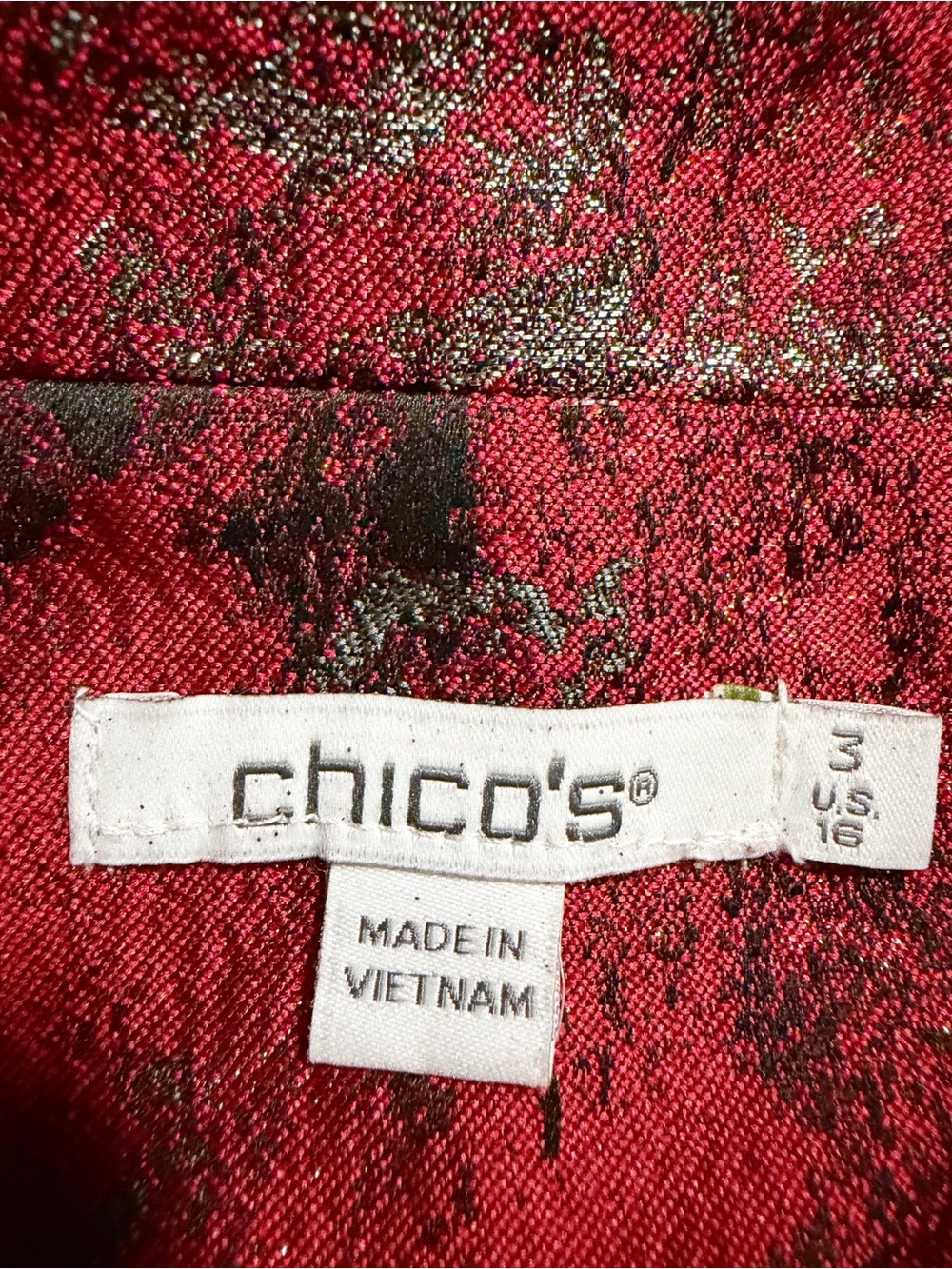 Chicos Metallic Jacquard Topper Overcoat Red Size 16 - Picture 10 of 12